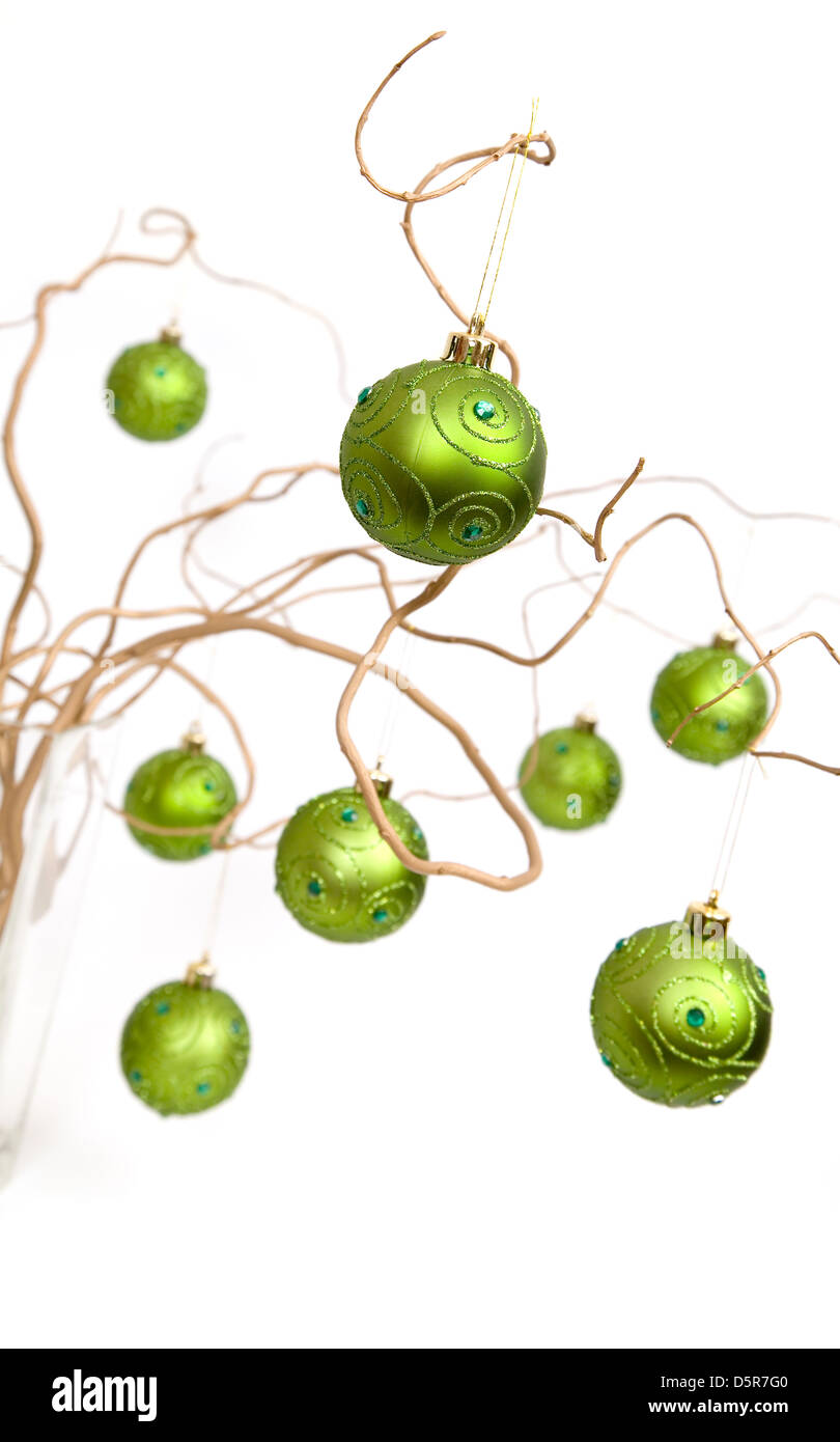 Boules De Noël Vert Doré De Branches Bouclés Banque Dimages