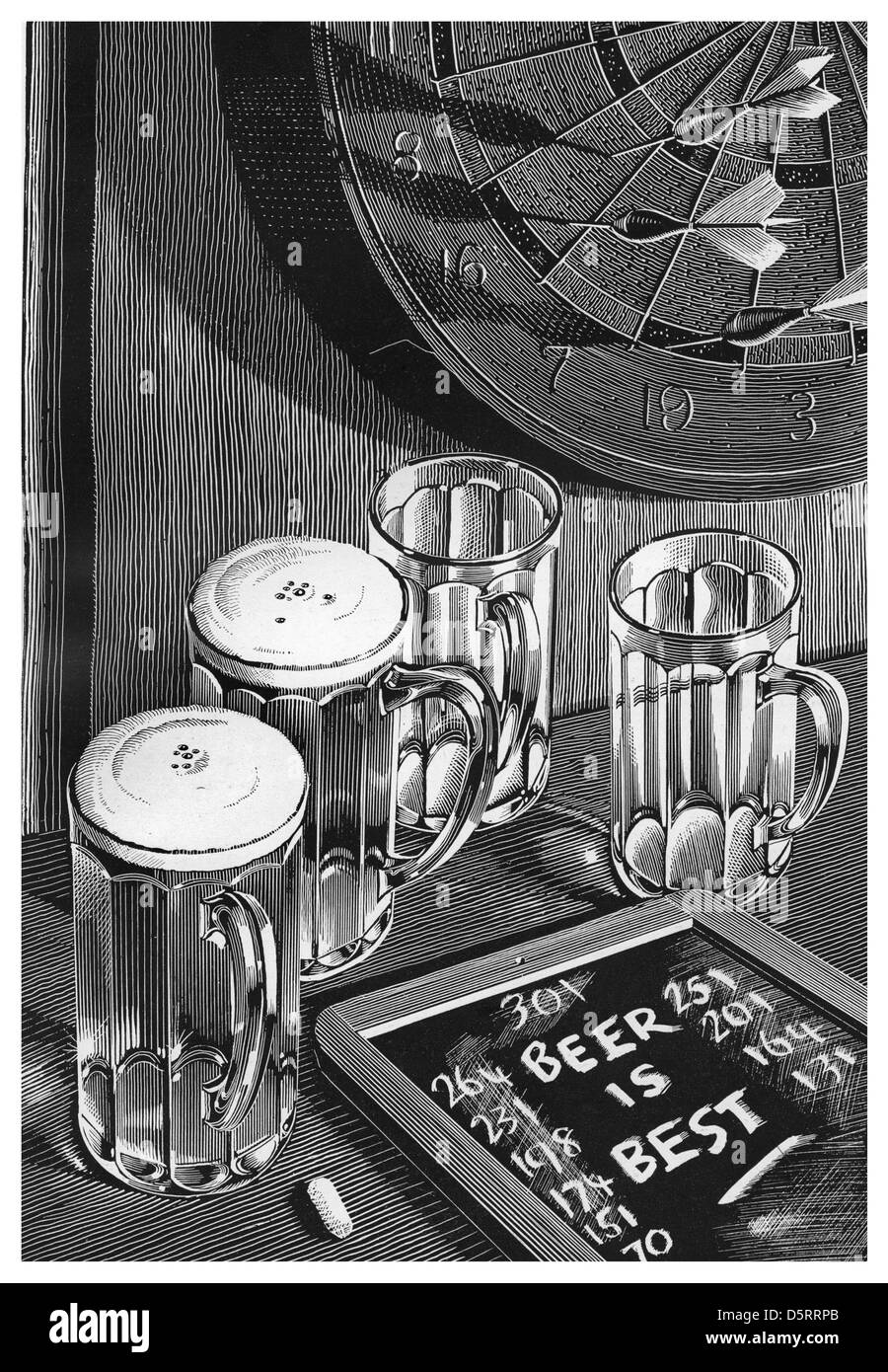 PUBLICITÉ DE BIÈRE VINTAGE des années 1930 dessin de scène typique de pub avec jeu de fléchettes et bière publicité de campagne nationale de bière « la bière est la meilleure » Banque D'Images