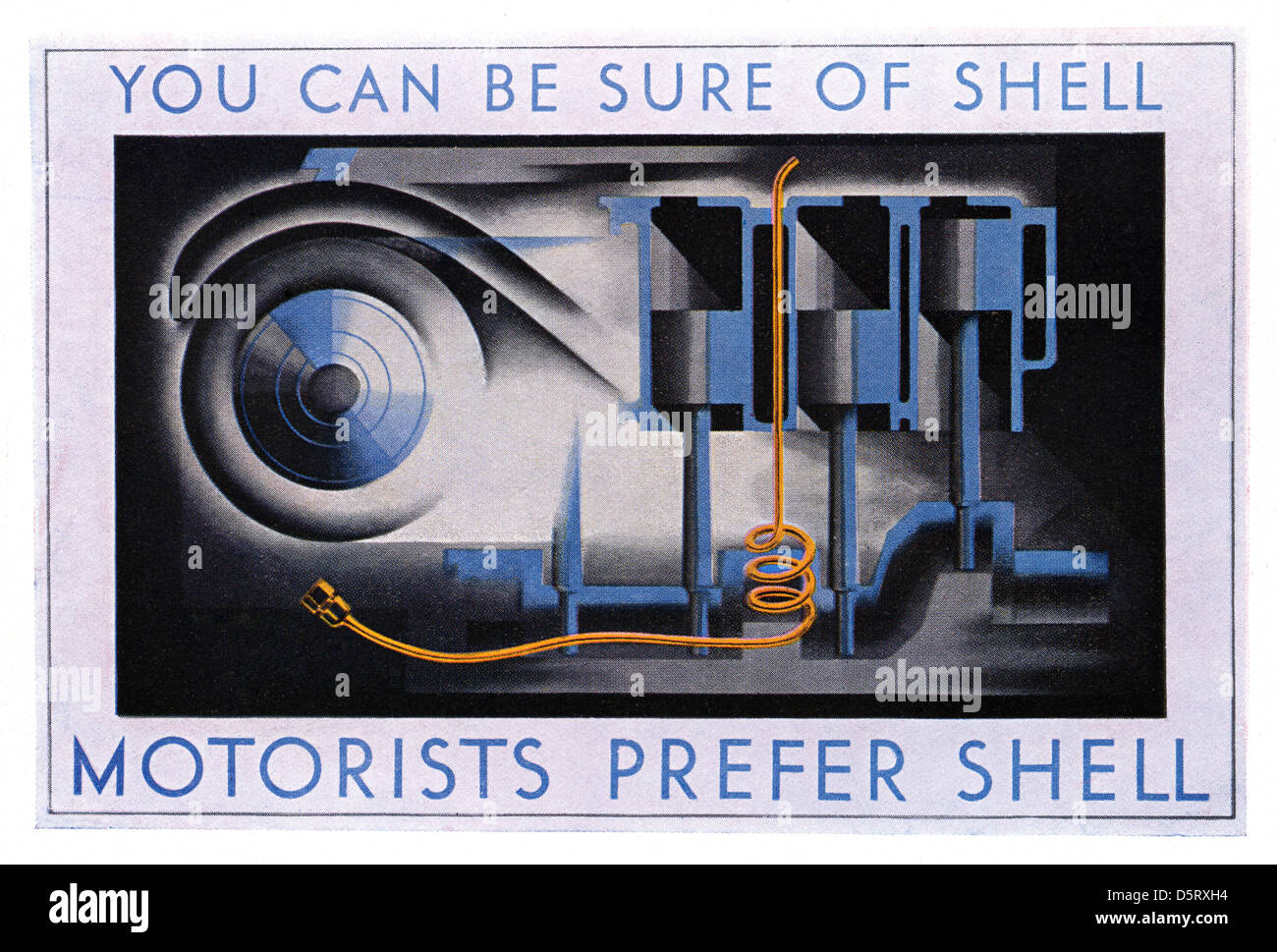 1930 affiche publicitaire de la Shell Oil pour location de moteurs à combustion interne Banque D'Images
