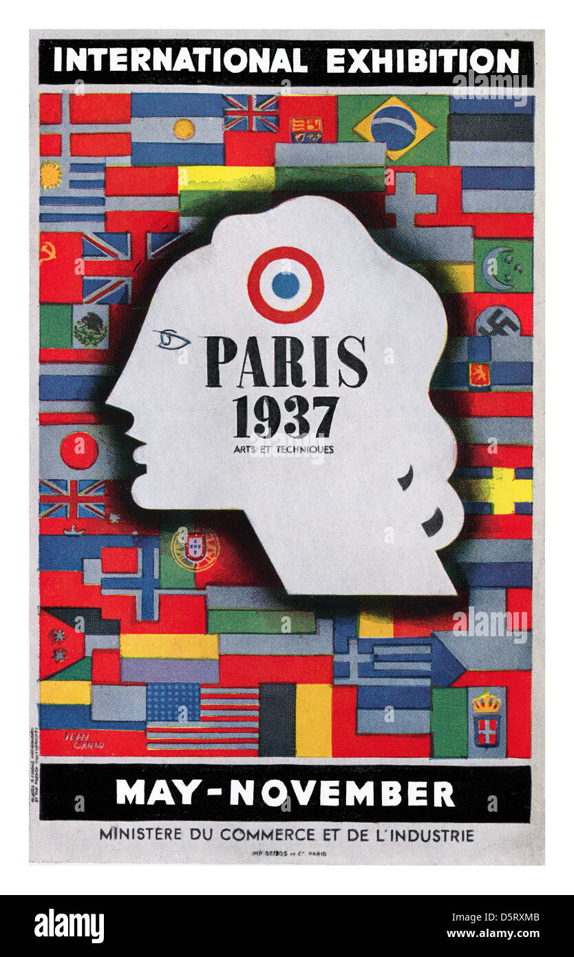 1937 affiche de l'Exposition internationale de Paris avec drapeaux internationaux y compris la croix gammée d'avant guerre Allemagne Banque D'Images