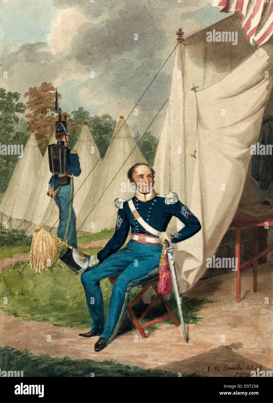 Fonctionnaire de la première troupe, Philadelphie, assis par une tente dans laquelle un bureau est visible. Un soldat marche avec un fusil à proximité, 1839 Banque D'Images