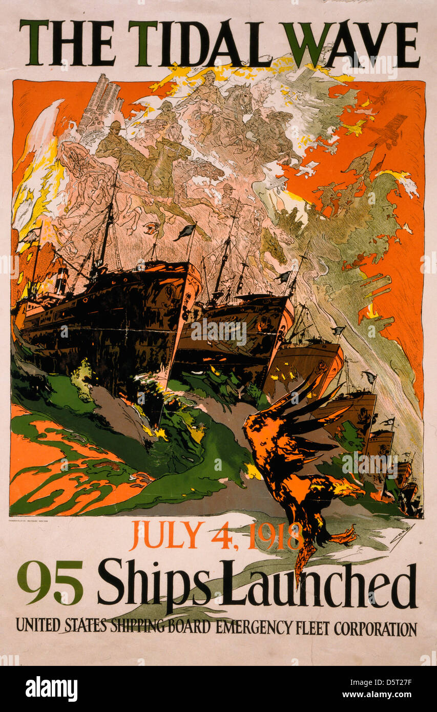 La vague - 4 juillet, 1918 - 95 navires lancé United States Shipping Board Société flotte d'urgence, la Première Guerre mondiale poster Banque D'Images