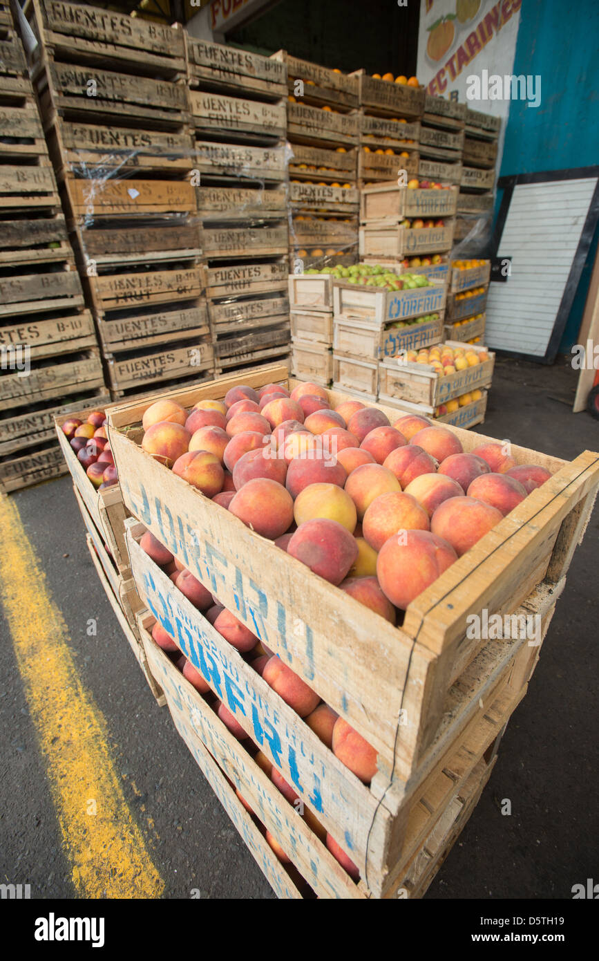 Caisses de pêches à Lo Valledor central wholesale marché de fruits et légumes à Santiago, Chili Banque D'Images