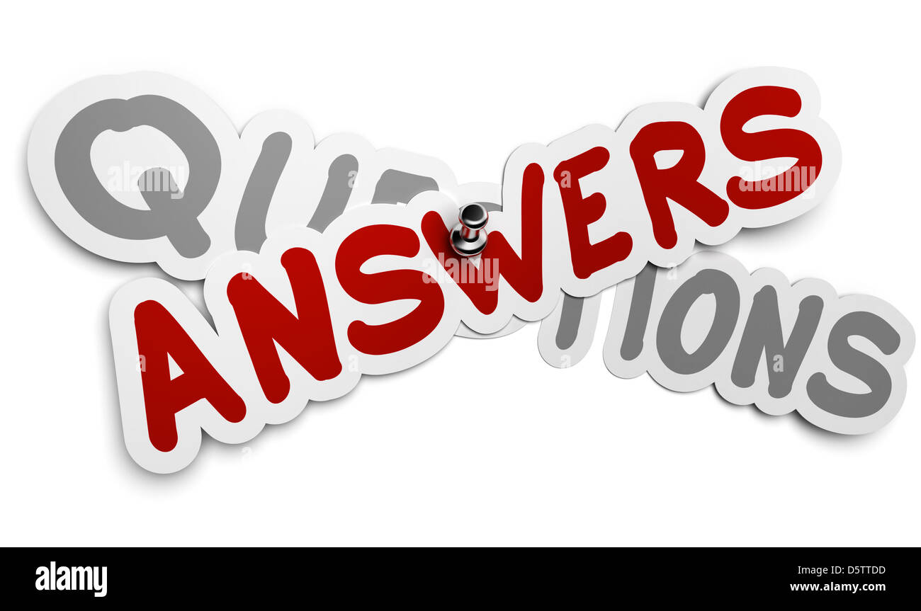 Une réponse à l'aide d'un autocollant fixé sur une punaise questions mot gris, fond blanc, FAQ concept Banque D'Images
