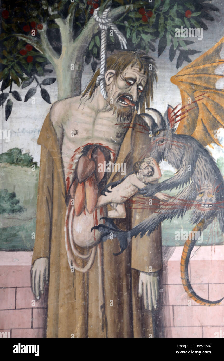 Pendu Judas Iscariot Fresque (1492-1530) Notre Dame des Fontaines La Brigue, vallée de la Roya Alpes-Maritimes France Banque D'Images