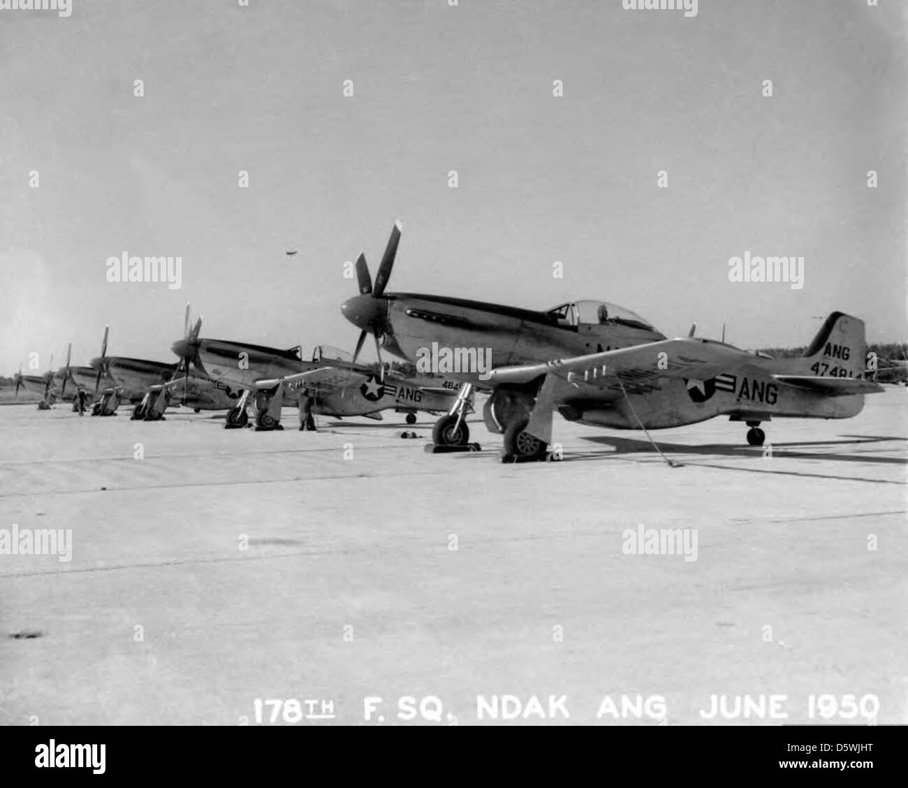 Les F-51D Mustangs nord-américains de la 119th Fighter Wing, de la Garde nationale aérienne du Dakota du Nord, effectuent des opérations à Hector Field en juin 1950, une période où ils ont joué un rôle essentiel dans la défense de l'espace aérien américain au début de la guerre de Corée. Banque D'Images