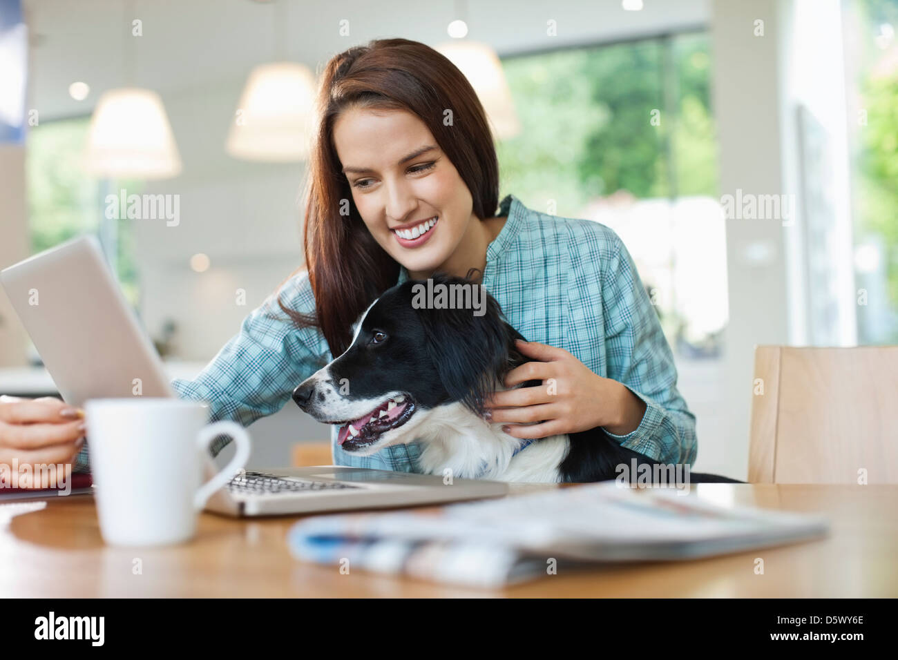 Femme avec chien sur lap using laptop Banque D'Images