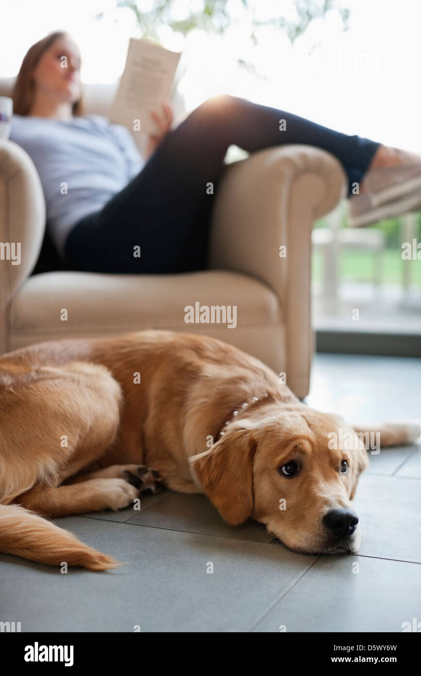 Femme avec chien assis dans la salle de séjour Banque D'Images