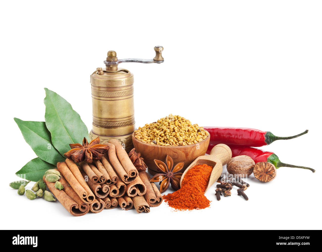 Still Life de différentes épices et fines herbes isolé sur fond blanc Banque D'Images