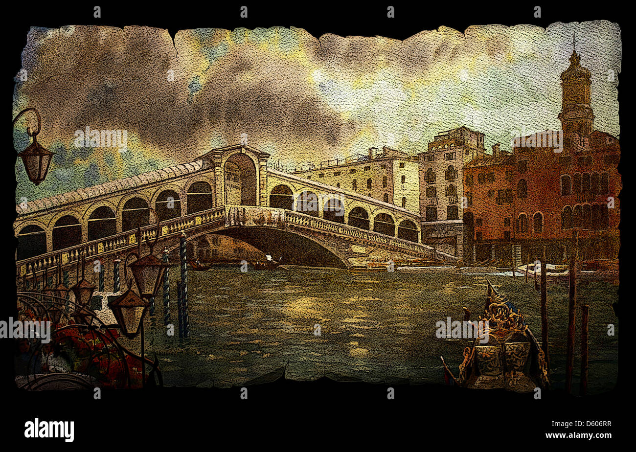 Une vue sur le canal avec le pont du Rialto, bateaux et bâtiments de Venise sur vintage old paper isolated on black Banque D'Images