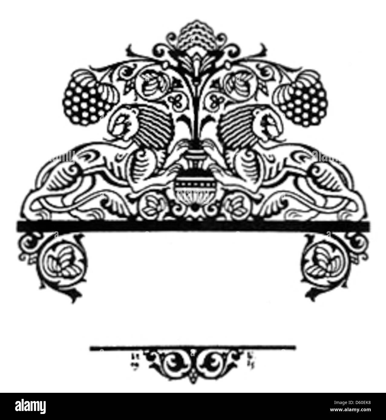Cette illustration présente un ornement décoratif fleuri, mettant en évidence les éléments de conception ornementale couramment utilisés dans les arts graphiques et la typographie du XIXe siècle. Il reflète les détails complexes et les sensibilités esthétiques de l'époque. Banque D'Images