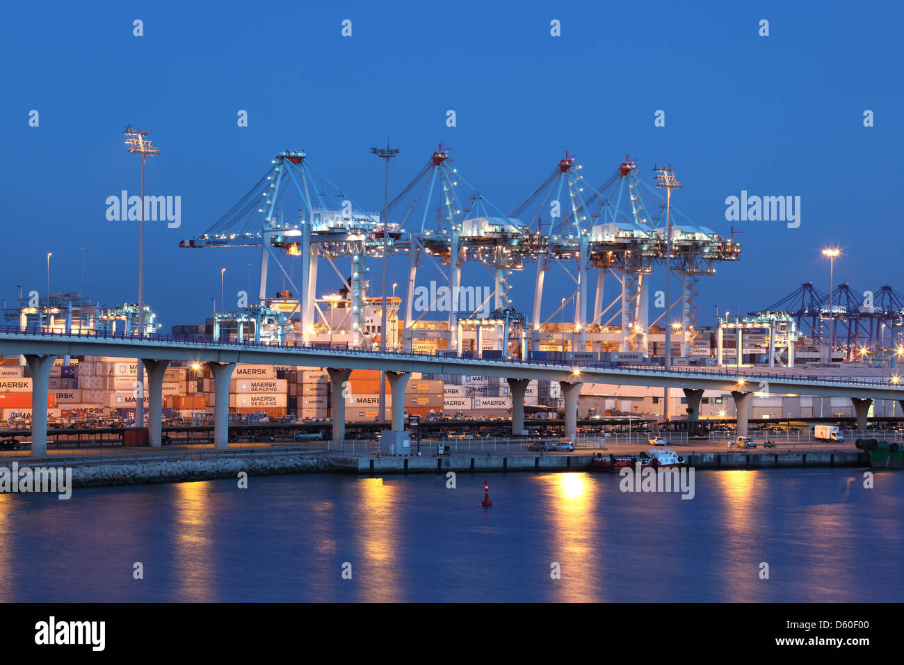 Port à conteneurs à Algeciras, illuminé la nuit. Andalousie, Espagne Banque D'Images