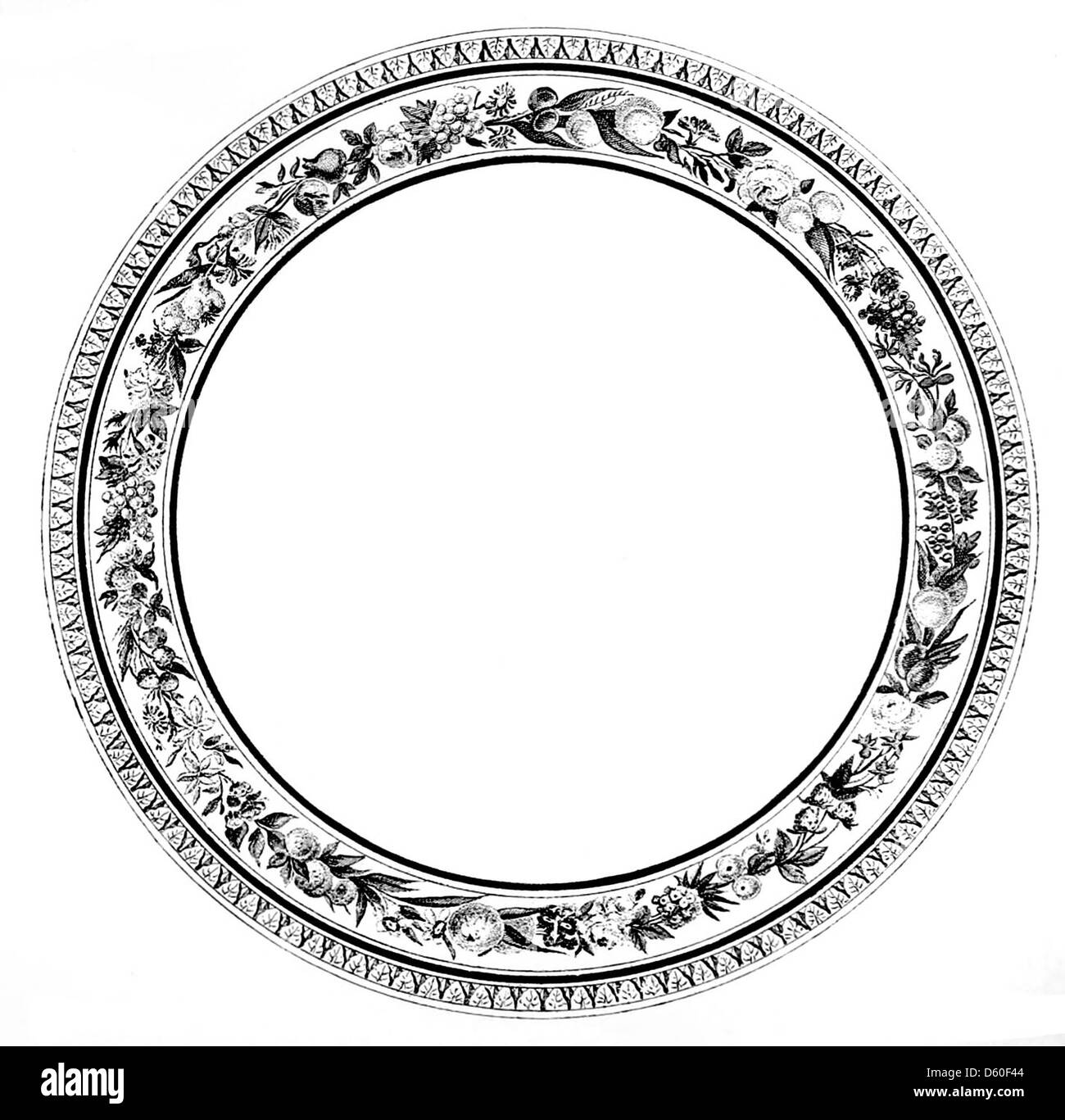 Cette image présente un design décoratif de bordure avec un motif de fleur circulaire. Il présente des éléments de design ornemental couramment utilisés dans les arts graphiques et l'imprimerie du XIXe siècle. Banque D'Images