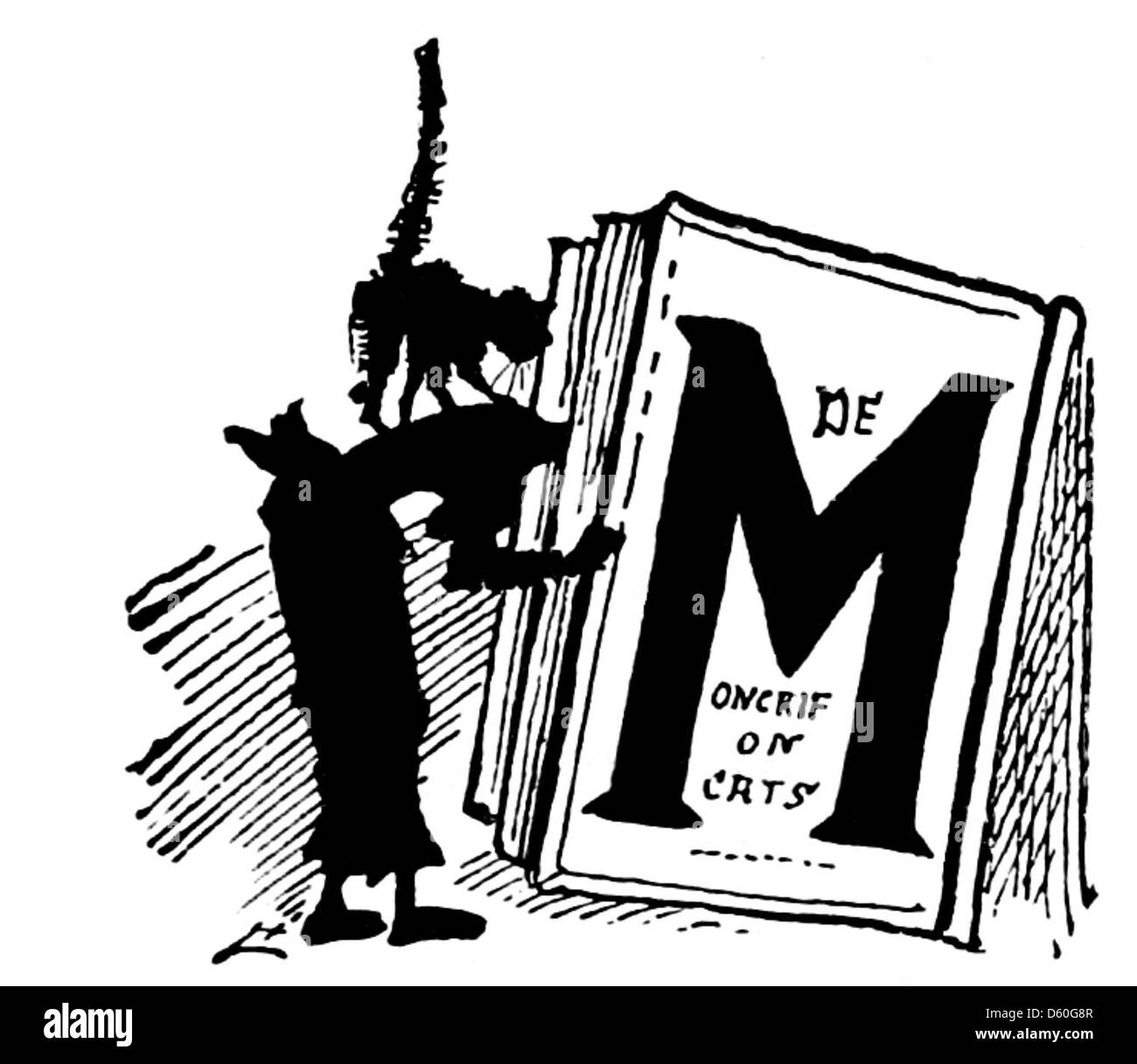 Cette image de 1878 montre la silhouette d'un chat, probablement une représentation du sujet de l'histoire. L'image peut avoir été utilisée dans un livre pour enfants ou un conte illustré, représentant le chat comme une figure centrale dans le récit. Banque D'Images