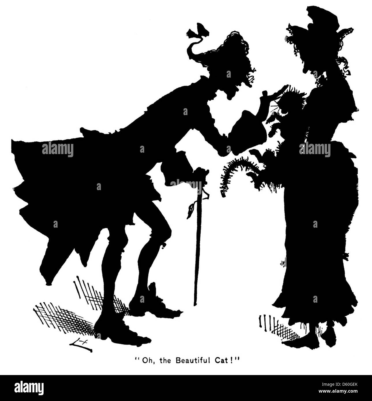 Une illustration de 1878 tirée de « The Story of a Cat » présentant une silhouette de chat distinctive. L'image capture l'élégance et le mystère associés à la forme féline, typique des illustrations pour enfants de la fin du XIXe siècle. Banque D'Images