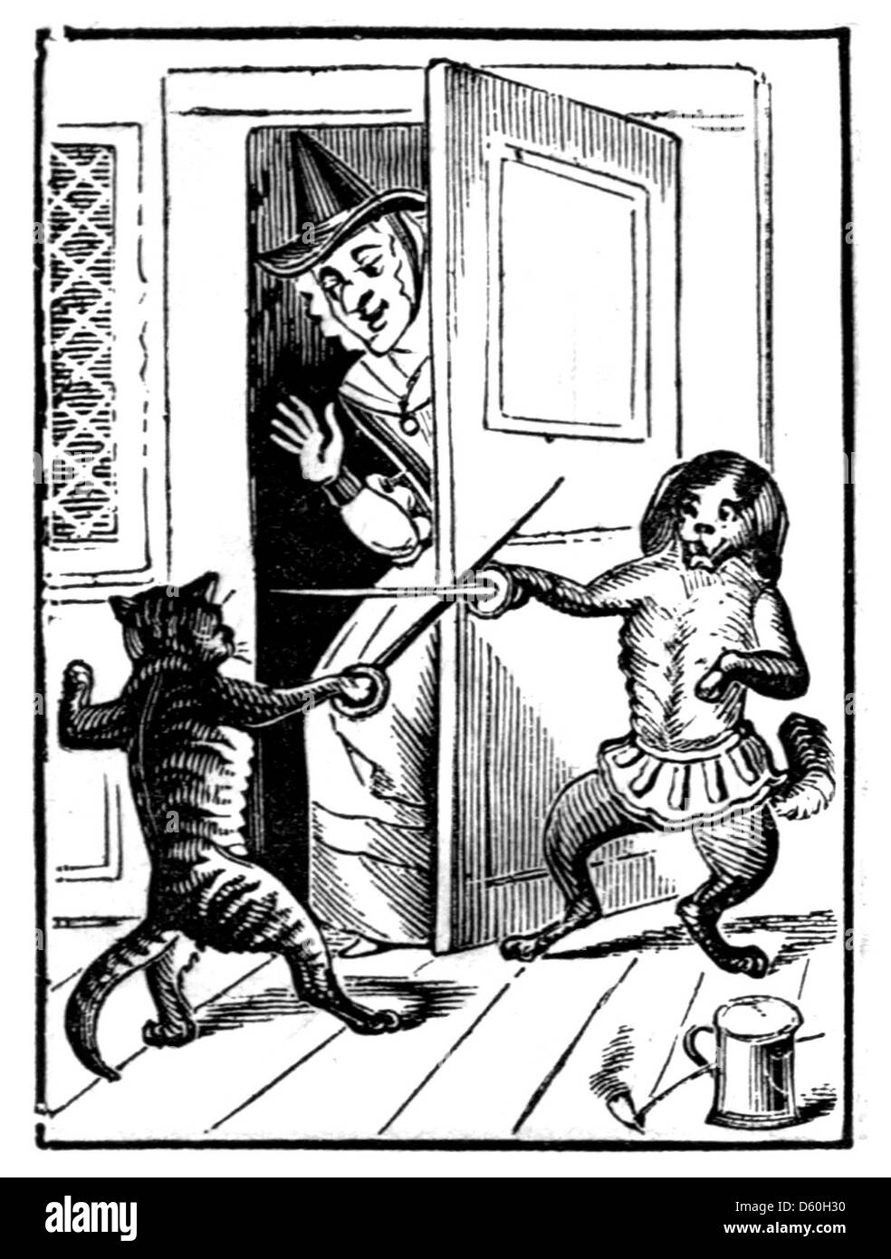 Une illustration du XIXe siècle de Dame Trot et son chat. L'image capture un moment fantaisiste de la comptine populaire, soulignant le caractère de Dame Trot et de son compagnon félin dans un cadre ludique. Banque D'Images