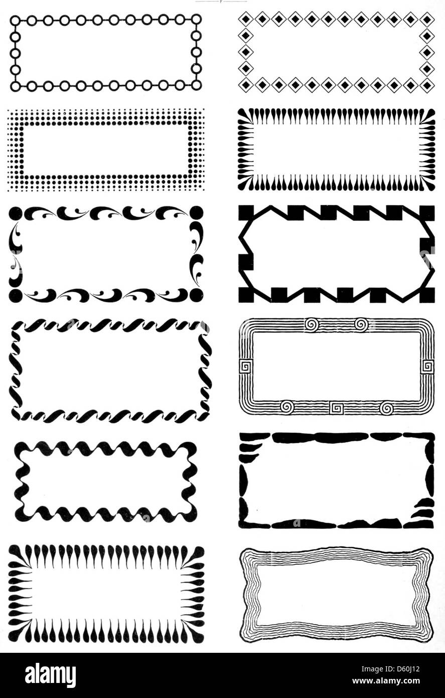 Une image du catalogue 1900 présentant des spécimens de caractères, des bordures et des règles en laiton. La page illustre la variété d'éléments ornementaux disponibles pour l'impression, mettant en valeur les bordures décoratives et les découpes utilisées dans la composition de caractères et le travail d'impression. Banque D'Images