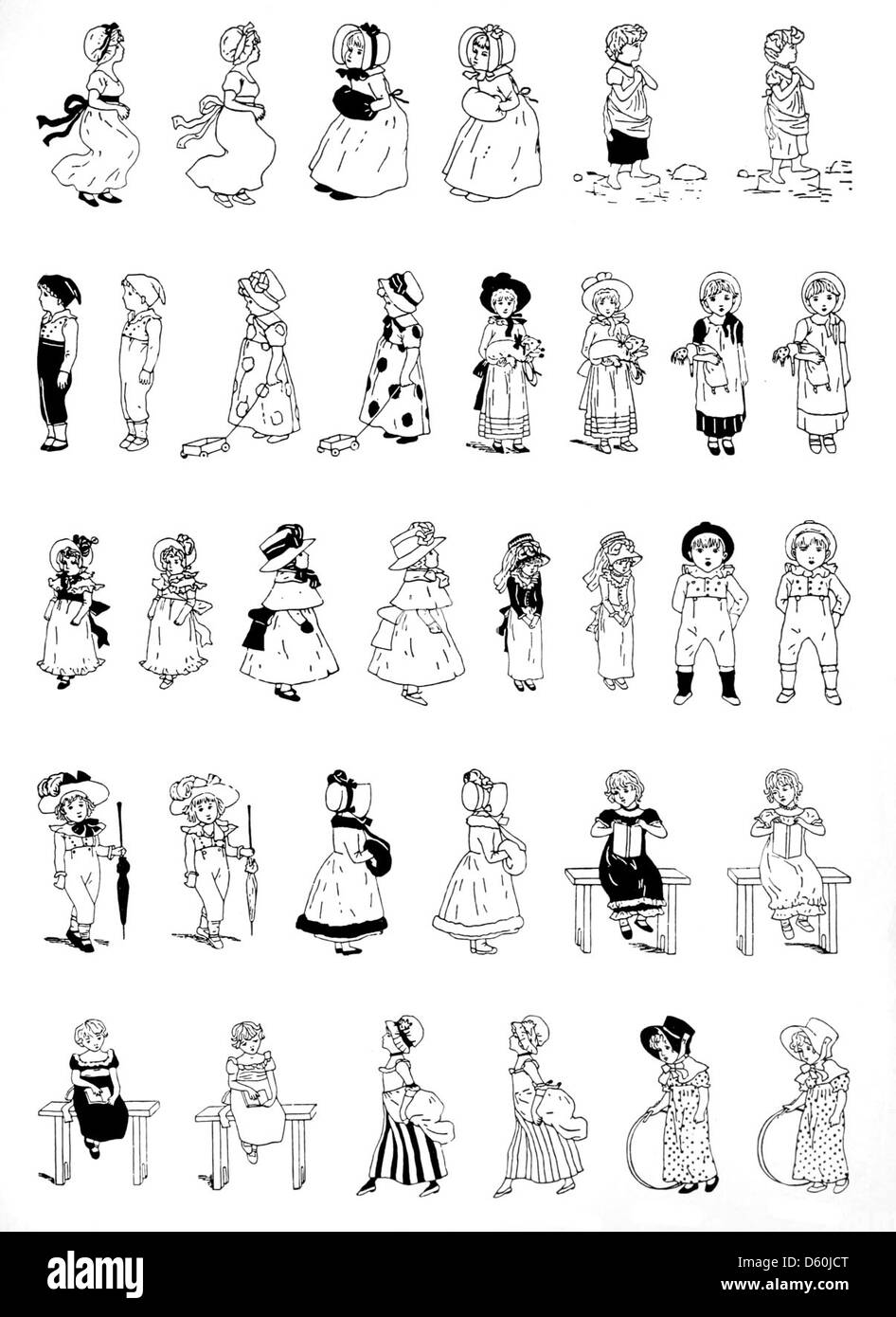 Illustration tirée d'un livre de spécimen de 1900, représentant un garçon et une fille dessinés dans le style distinctif de Kate Greenaway, mettant en valeur l'art et la typographie victoriens pour enfants. Banque D'Images