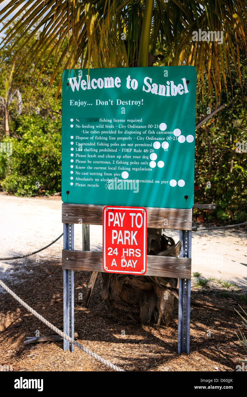Bienvenue à Sanibel signe. L'île sur le golfe du Mexique, près de Fort Myers en Floride Banque D'Images