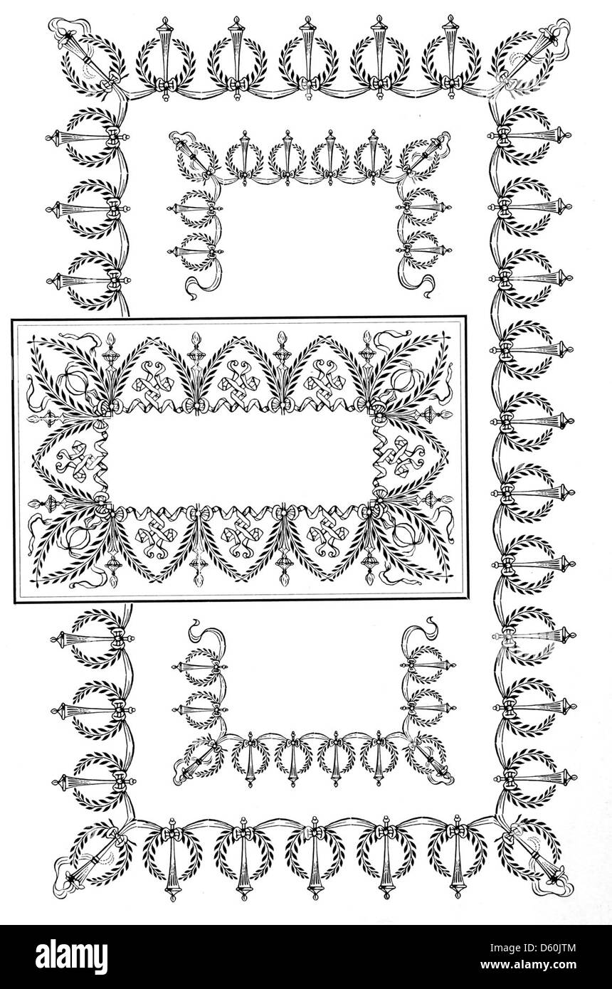 Ce catalogue de 1897 fournit une collection détaillée de spécimens de caractères, de bordures et de motifs ornementaux utilisés dans l'impression. Il présente les outils et les matériaux essentiels au processus d'impression de la fin du XIXe siècle. Banque D'Images