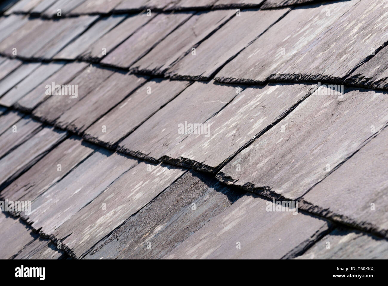 Close up avec focus sélectif d'une ancienne toiture en ardoise Banque D'Images