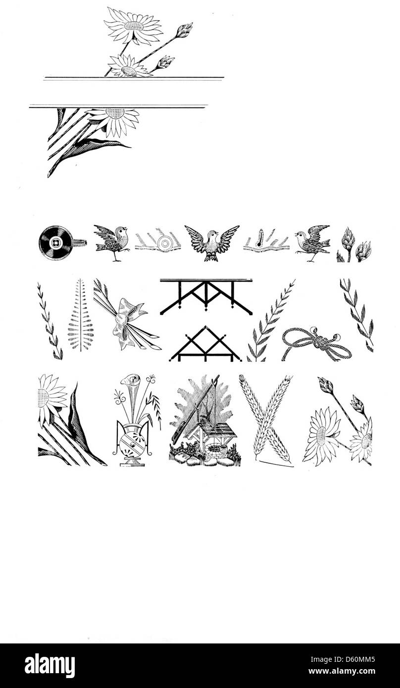 Cette image présente probablement une page d'un catalogue d'impression de 1897, montrant divers spécimens de caractères, bordures et motifs ornementaux, y compris un oiseau et une Marguerite. Il donne un aperçu des outils d'impression et des éléments décoratifs utilisés à la fin du XIXe siècle. Banque D'Images