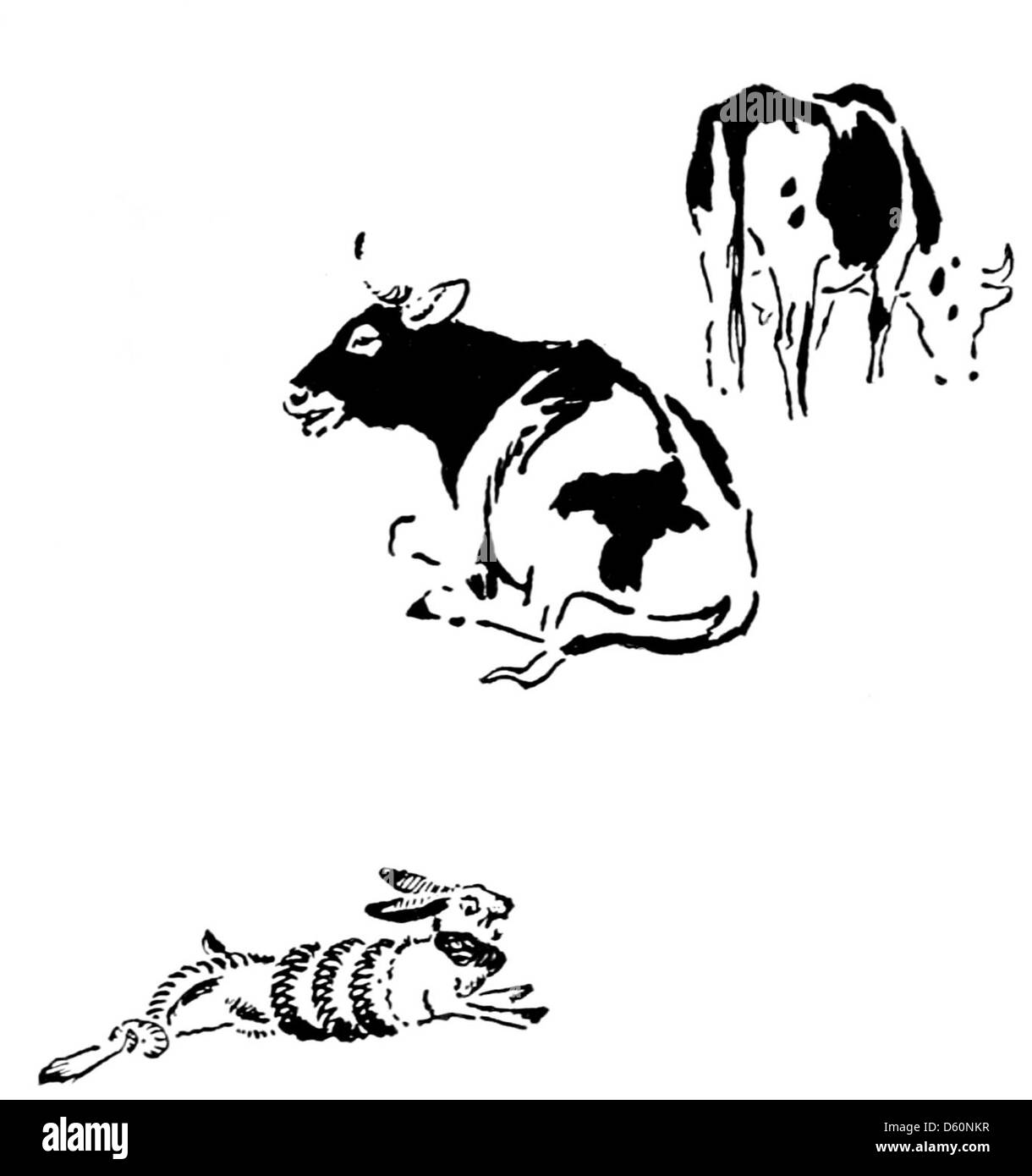 Une illustration de « animal Heroes » représentant des vaches, des lièvres et des lapins dans des scénarios héroïques. L'image se concentre sur les animaux étant dépeints comme des personnages courageux et loyaux dans les histoires pour enfants. Banque D'Images