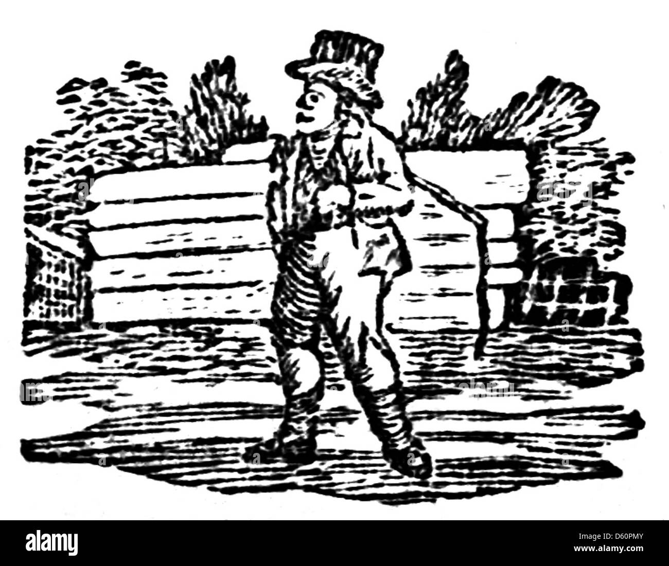 Illustration tirée d'une édition de 1820 de « The Surprening Adventures of Puss in Boots ». Cette œuvre d'art représente probablement des scènes du conte de fées, ainsi que d'autres histoires connexes de l'époque, montrant la nature ludique et aventureuse des personnages. Banque D'Images