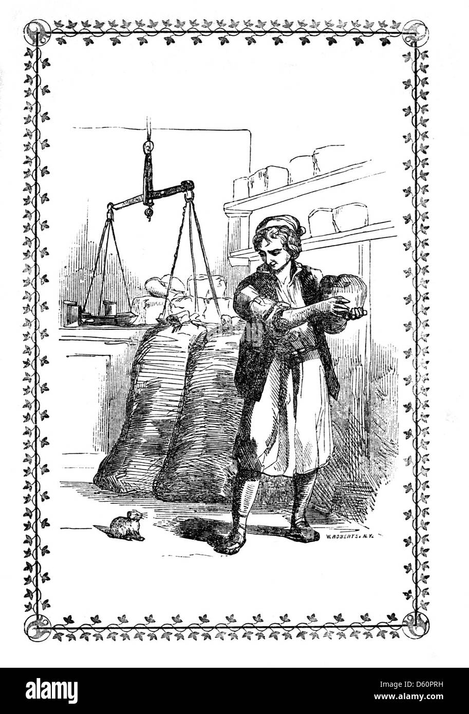 Cette illustration de 1855-1858 représente un homme et une souris, faisant partie d'une fable populaire ou d'une histoire pour enfants, mettant l'accent sur les leçons morales à travers des images simples mais expressives. Banque D'Images