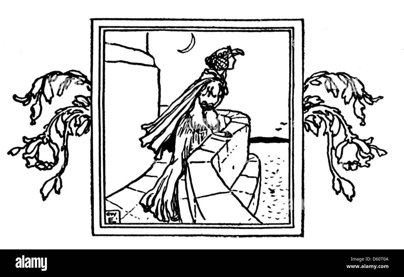 Une illustration du livre de 1910 'A Book of Old English Ballads', mettant en scène un archer avec des flèches, reflétant les thèmes historiques et les personnages couramment trouvés dans les ballades anglaises. Banque D'Images