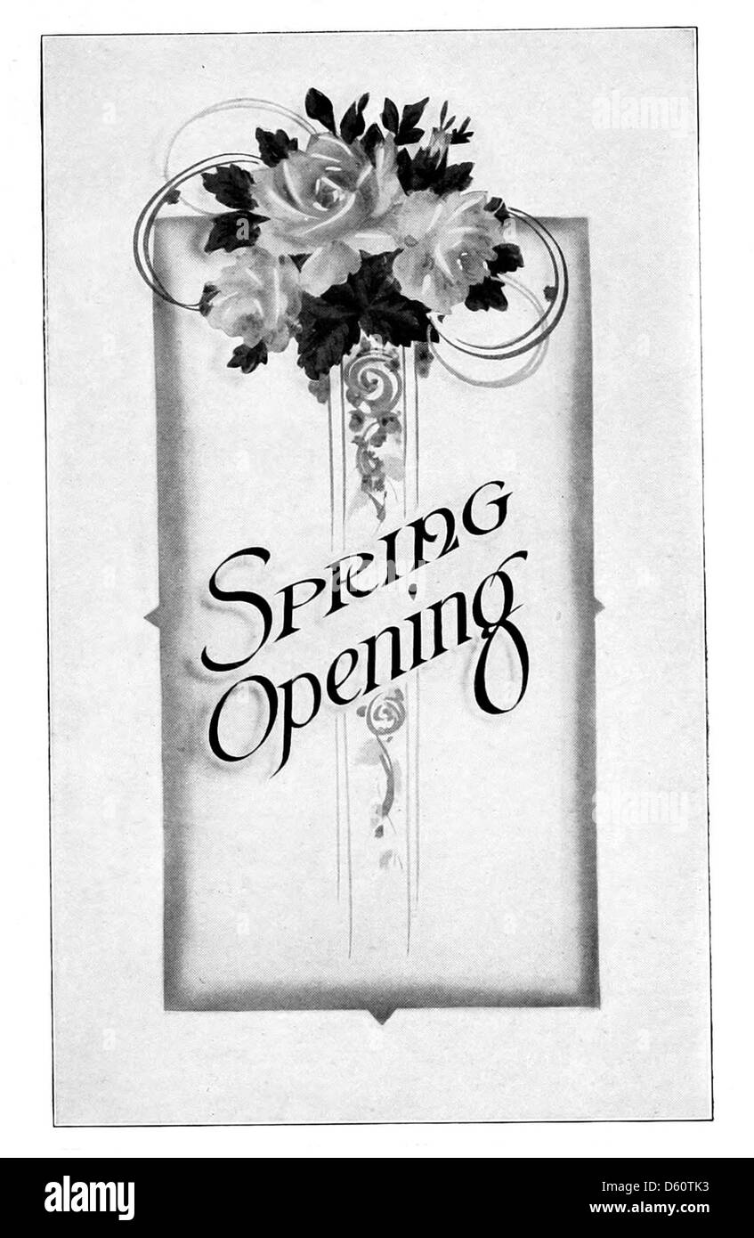 Une vitrine vintage de Atkinson & Atkinson, affichant une publicité pour un événement printanier. Le design de la vitrine reflète l'esthétique du début du XXe siècle, utilisant une typographie vibrante et des éléments graphiques. Banque D'Images