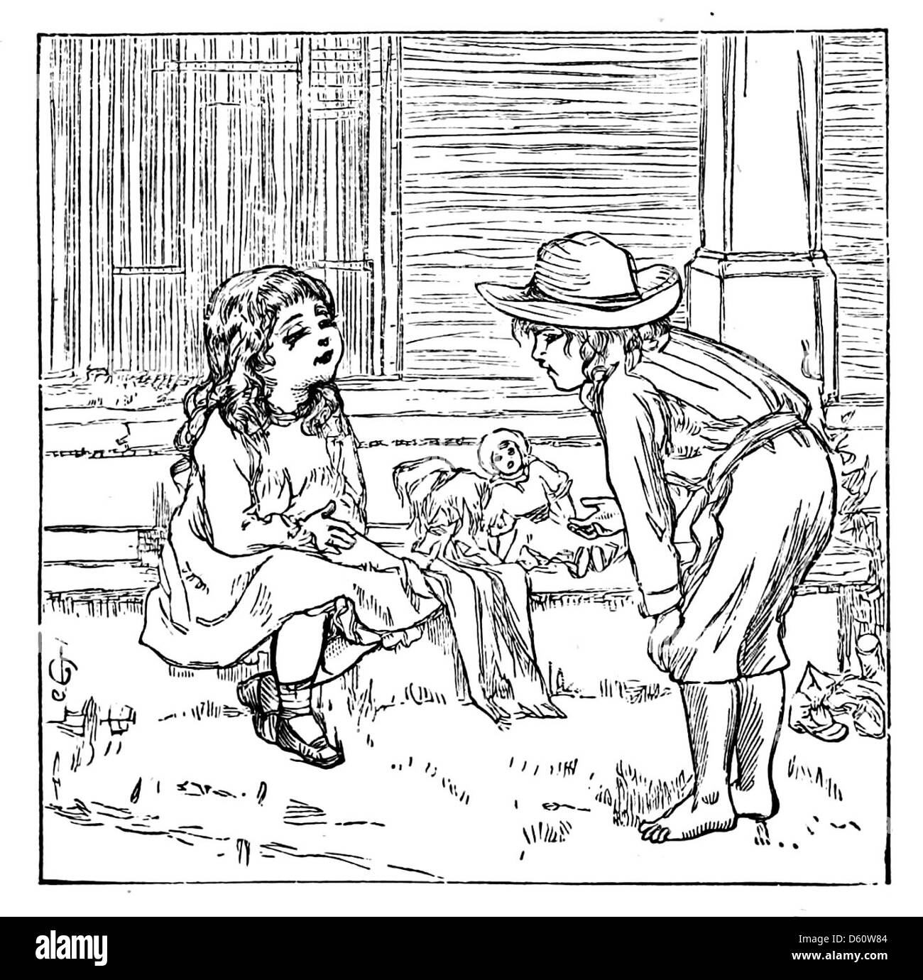 Cette illustration de 1882 tirée de 'A Book About Baby' représente un garçon et une fille avec une poupée, capturant l'innocence et le caractère ludique de l'enfance à la fin du XIXe siècle, reflétant la vision de la famille et de l'éducation précoce de l'époque. Banque D'Images