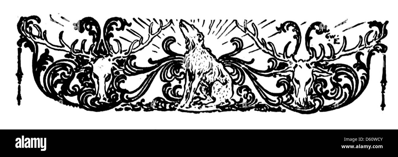 Illustration tirée du livre de 1910 « A Book of Old English Ballads », représentant un chien, un élan, un chien et un cerf. L'image reflète le monde naturel vu à travers les ballades folkloriques anglaises traditionnelles. Banque D'Images