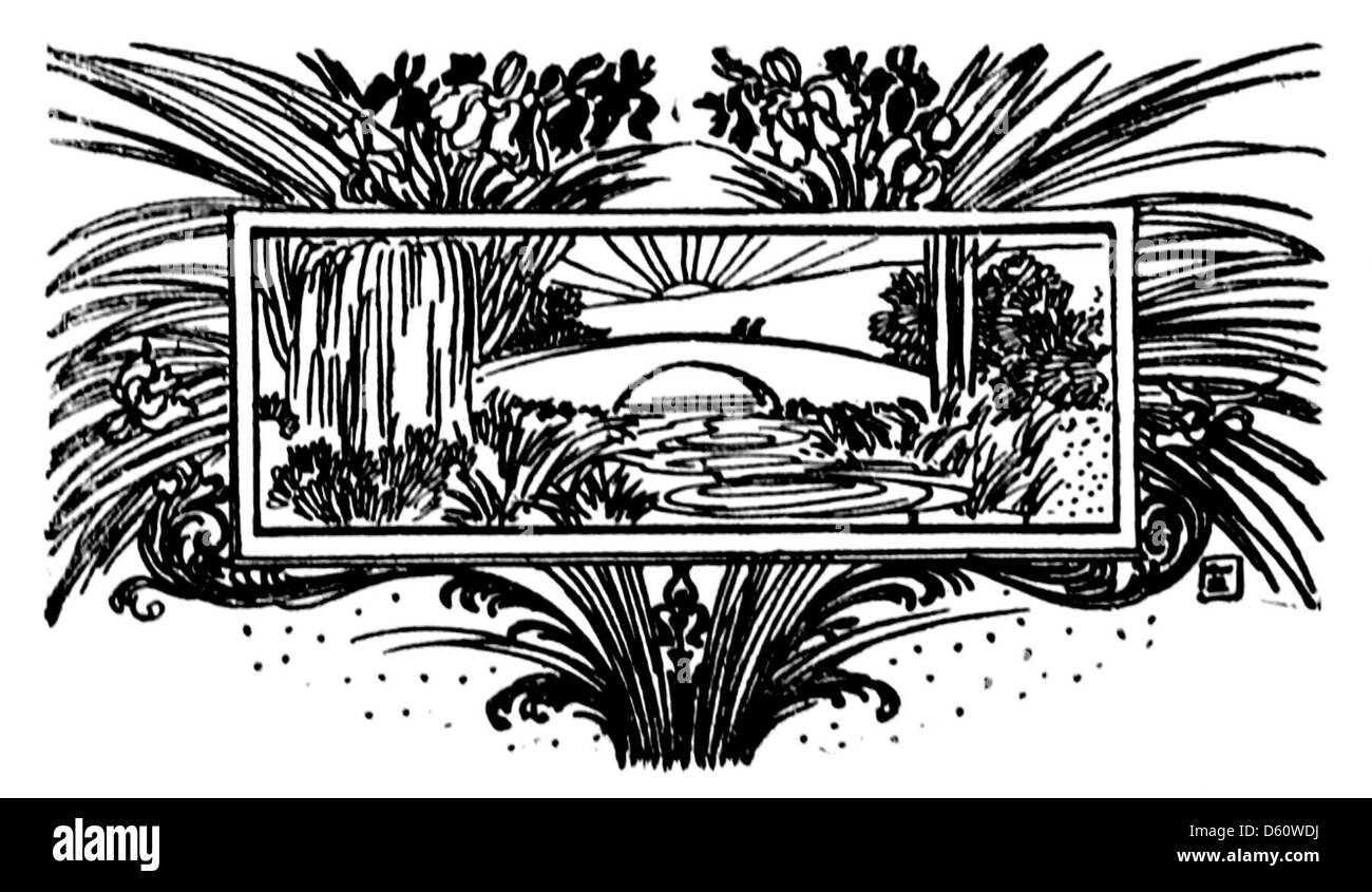 Une illustration du livre de 1910 'A Book of Old English Ballads', capturant des scènes de lever et de coucher du soleil. La collection présente des ballades classiques du folklore anglais et de la tradition, souvent accompagnées d'illustrations dramatiques. Banque D'Images