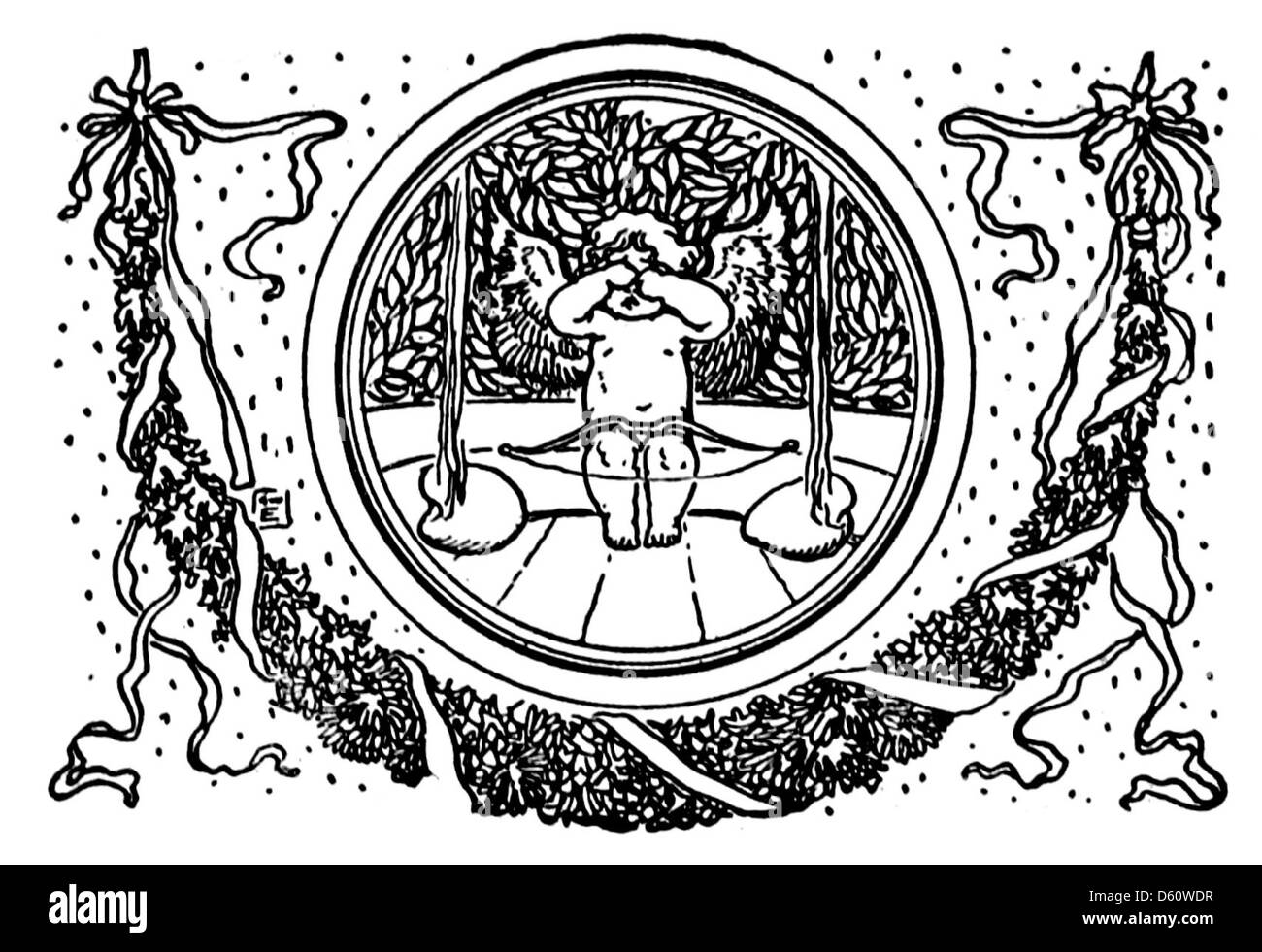 Une illustration tirée de 'A Book of Old English Ballads' (1910), représentant Cupidon. L'image capture les thèmes romantiques et classiques des ballades anglaises, illustrant l'amour et la passion avec la figure symbolique de Cupidon. Banque D'Images