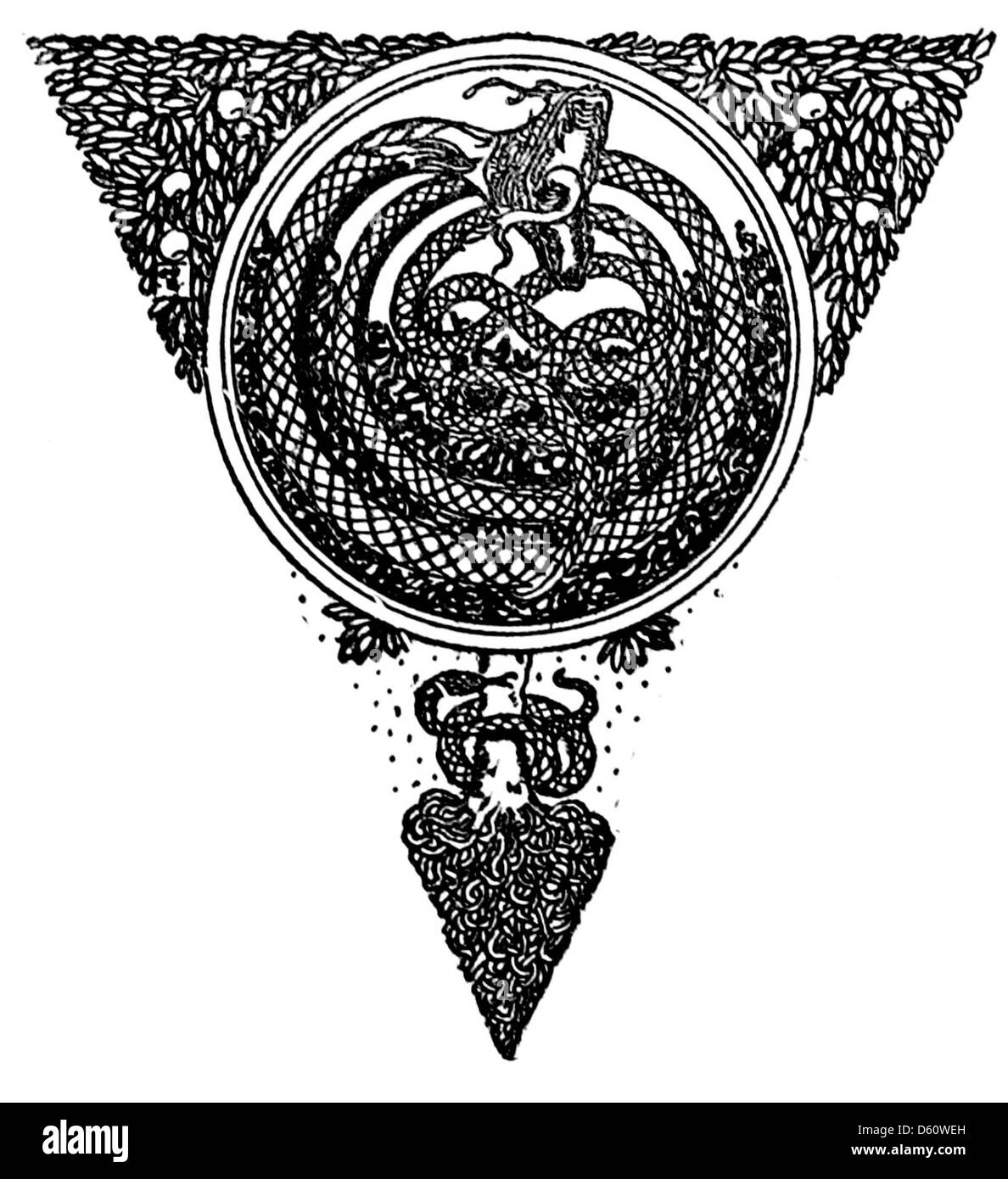 Une illustration du livre de 1910 'A Book of Old English Ballads', représentant des serpents. Les ballades présentent des histoires du folklore anglais, et les serpents pourraient faire partie d'un élément symbolique ou narratif. Banque D'Images