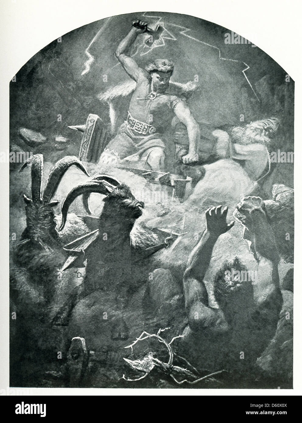 Thor jeta son marteau au Shrymir géant (à droite) qui était vraiment Utgard Loki déguisé et a été à l'aide de la montagne comme un bouclier. Banque D'Images
