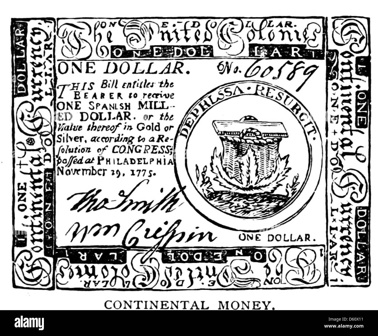 Une illustration du livre de 1872 'A Brief History of the United States', représentant l'argent continental. Le livre explore les débuts de l'histoire des États-Unis, y compris l'utilisation du papier-monnaie pendant la guerre d'indépendance. Banque D'Images