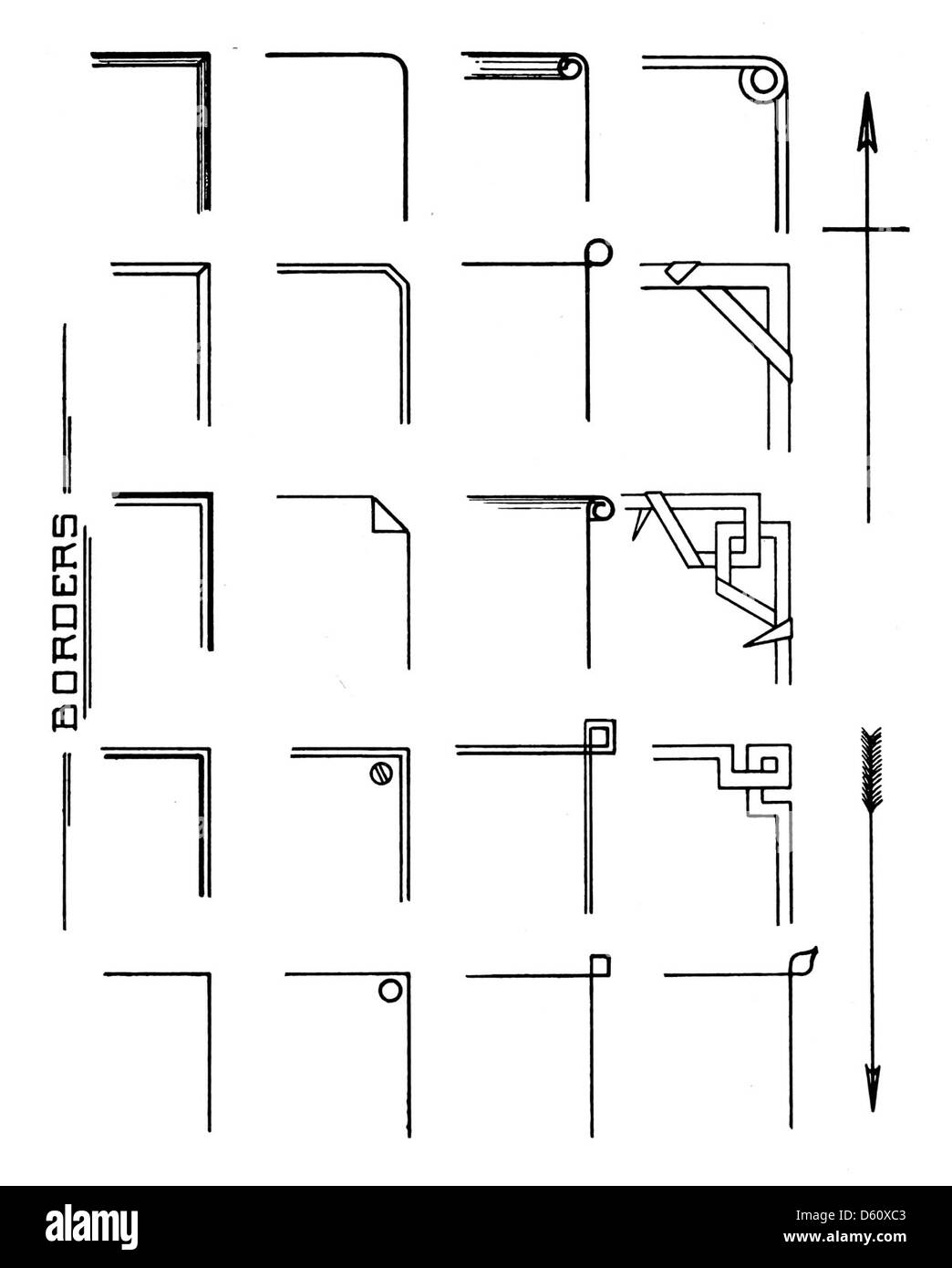 Un livre de 1905 intitulé *Un chapitre sur le lettrage* qui présente diverses bordures décoratives et styles de lettrage. Le livre est destiné aux designers et aux artistes, présentant des techniques pour créer des lettrages uniques et élégants, avec des illustrations détaillées et des exemples. Banque D'Images