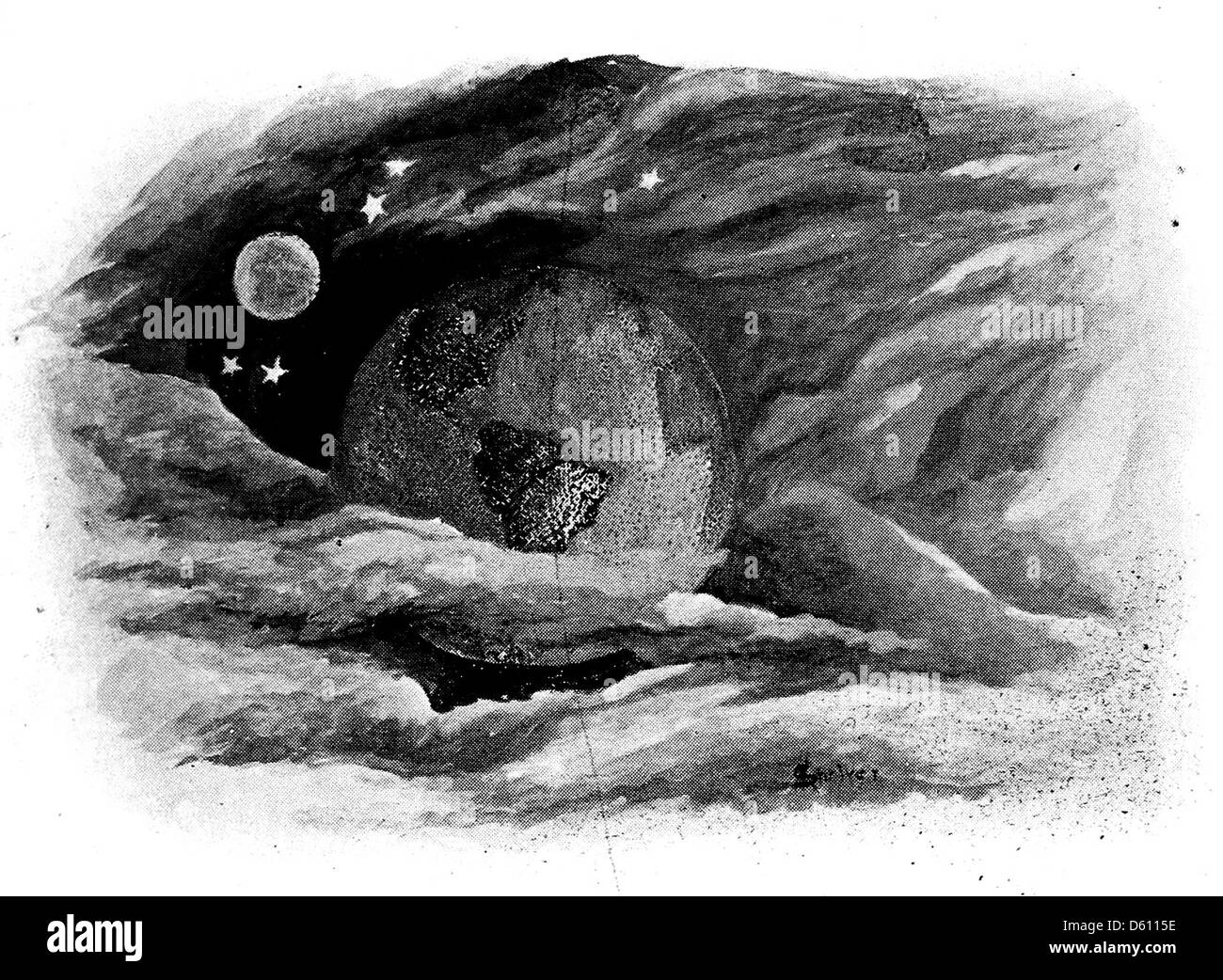 Une illustration tirée de 'A Little Book of Home and Country verse' (1906), représentant la terre, la lune et les étoiles, reflétant les thèmes ruraux et naturels de la collection de poésie. Banque D'Images