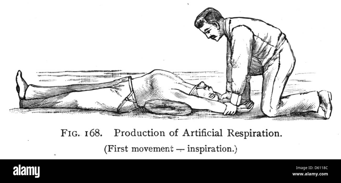 Ce manuel sur la physiologie datant de 1910, destiné à un usage éducatif, comprend une section sur la respiration artificielle, soulignant son importance dans le maintien de la vie pendant les urgences médicales. Banque D'Images