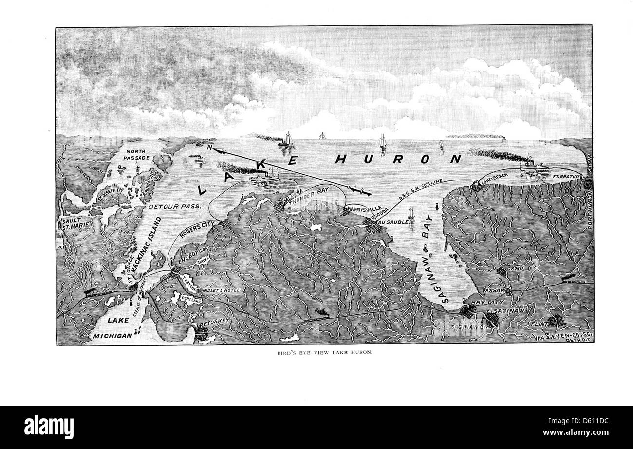 Cette publicité de 1890 fait la promotion d'une excursion panoramique en bateau autour du lac Huron, menant à la pittoresque île Mackinac. La visite comprend des arrêts à des sites tels que la compagnie de bateaux D. & C. (Detroit et Cleveland), mettant en valeur la beauté des paysages naturels de la région et les opportunités touristiques. Banque D'Images