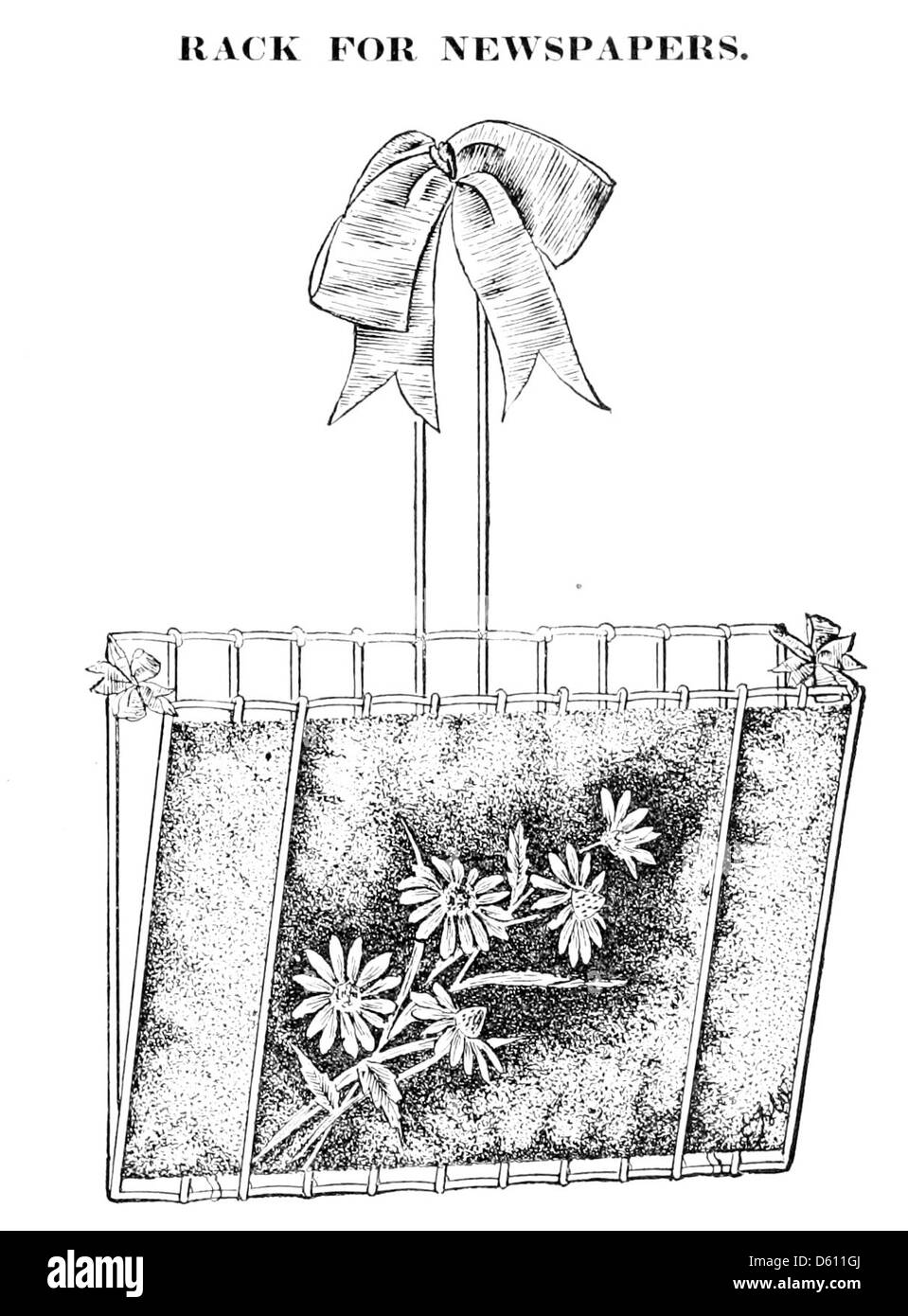 Une illustration tirée de 'A Lady's Book on Art broidery in Silk' (1886), représentant un présentoir à journaux complexe, mettant en valeur l'élégance de la broderie de soie et de la décoration intérieure de la fin du XIXe siècle. Banque D'Images