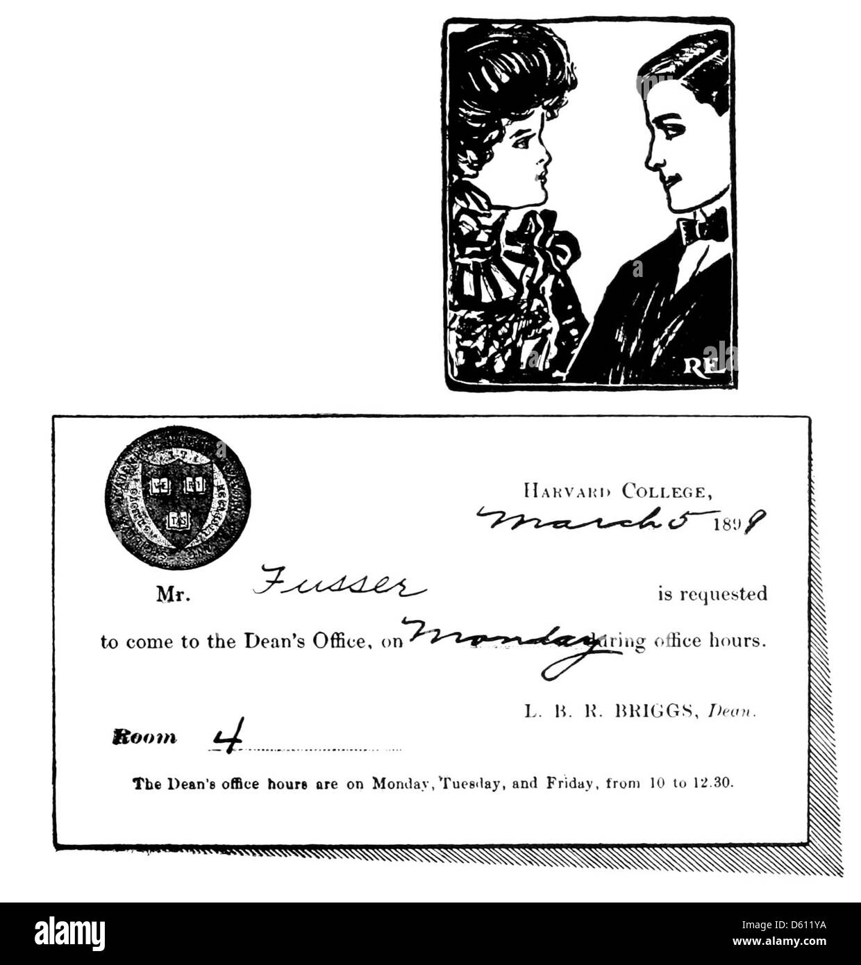 Cette image représente une page tirée de 'A Harvard Alphabet' (1902), qui présente des illustrations et des descriptions de la vie universitaire à Harvard, mettant en vedette des étudiants engagés dans diverses activités académiques et sociales sur le campus. Banque D'Images