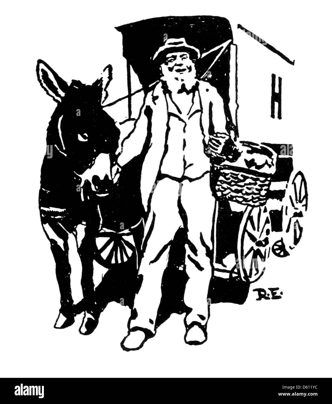 Cette image de 1902 tirée de « A Harvard Alphabet » présente une illustration d'un chariot de livraison, d'étudiants et d'un âne, dans le contexte de l'Université Harvard. La scène met en lumière la vie sur le campus et les moyens de transport de l'époque, y compris la présence d'un homme âgé. Banque D'Images