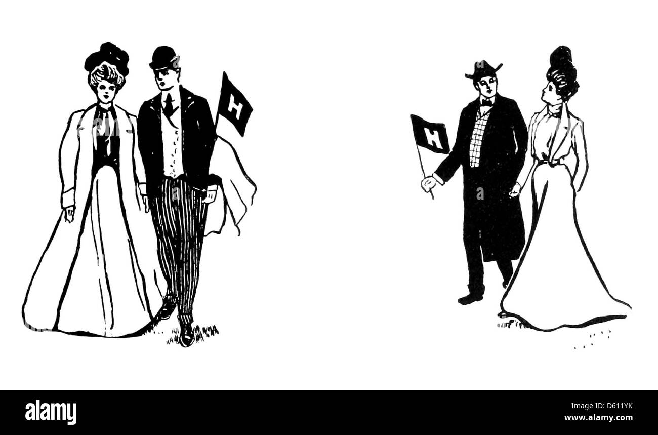 Une illustration tirée de 'A Harvard Alphabet' (1902), représentant des étudiants de Harvard et leur vie collégiale. L'image met l'accent sur l'environnement académique et les traditions de l'Université Harvard au début du XXe siècle. Banque D'Images