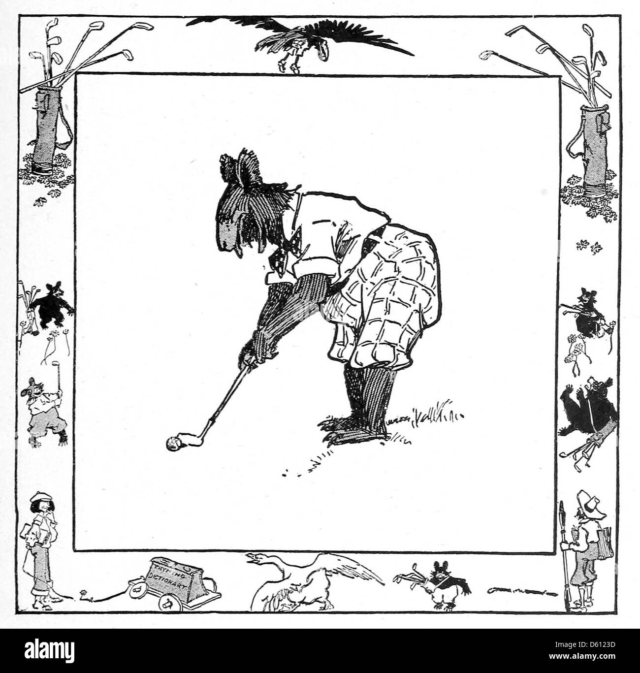 Cette illustration de 1900 tirée de « A Hand-Book of Golf for Bears » présente avec humour un livre sur le thème du golf destiné aux ours, avec des casquettes fantaisistes. La nature ludique du livre met l'accent sur une approche légère à la fois du jeu de golf et du concept d'animaux anthropomorphisés. Banque D'Images