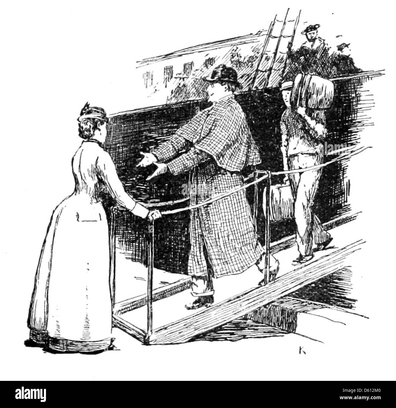 Un voyageur français débarque d'un bateau à vapeur dans un port américain, capturant l'expérience des immigrants. Banque D'Images