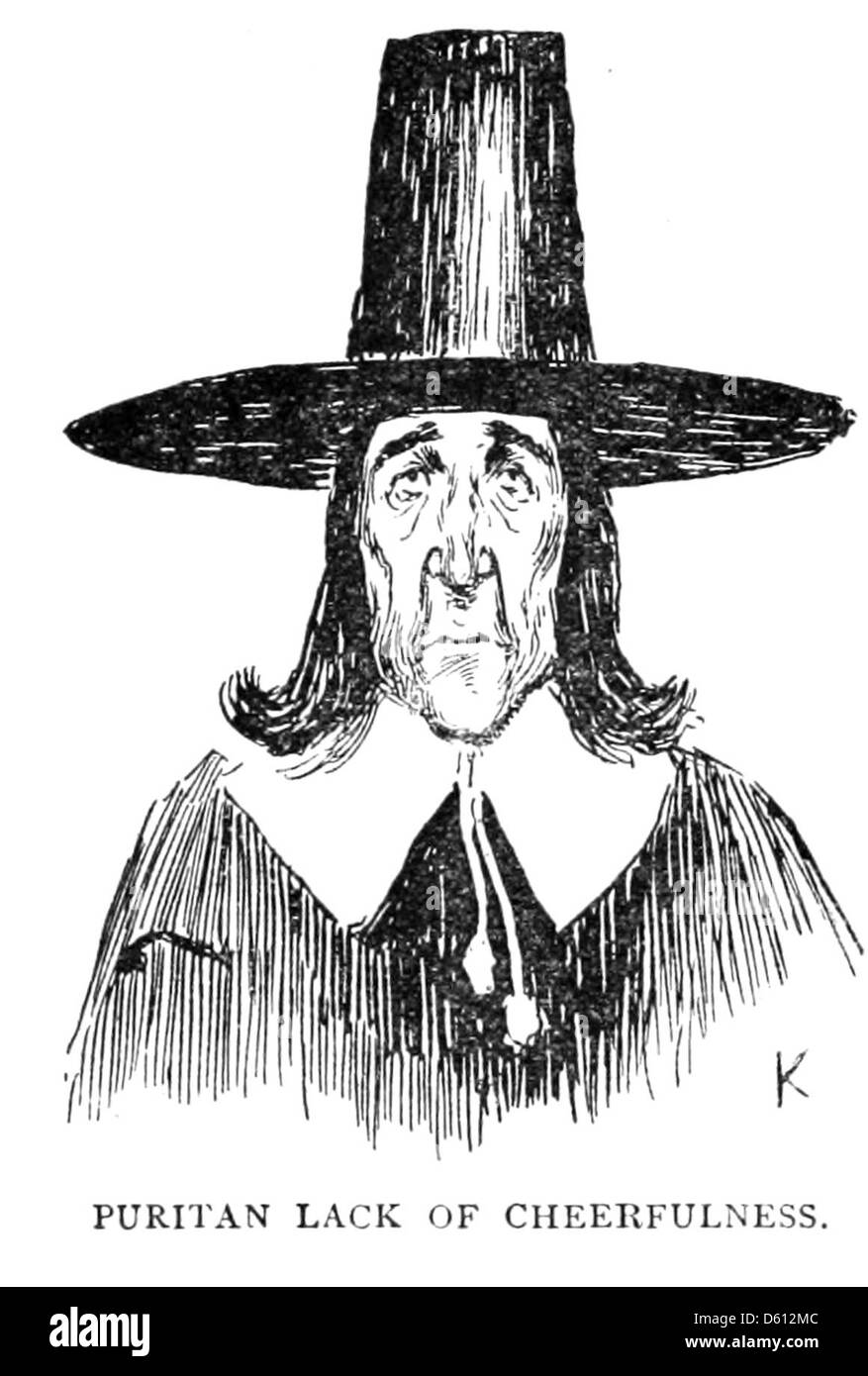 Cette image représente le point de vue d’un Français sur les débuts de la société américaine, illustrant probablement le contraste culturel et les pratiques religieuses des puritains dans l’Amérique coloniale. Banque D'Images