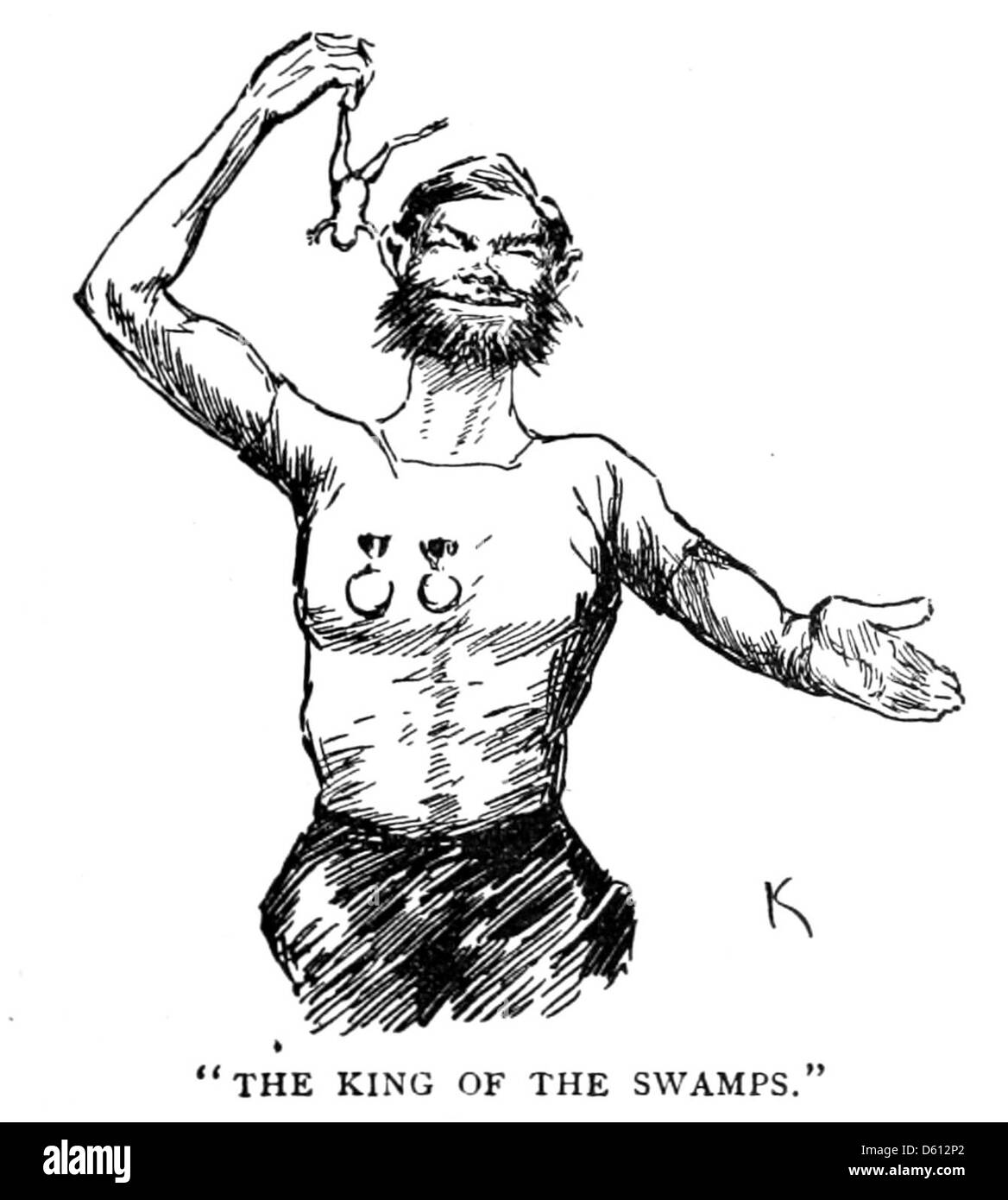 Illustration d'un Français en Amérique, probablement de la fin du XIXe siècle ou du début du XXe siècle, représentant un showman de grenouille. L'image capture avec humour un homme jouant avec des grenouilles, une forme de divertissement qui était populaire à l'époque. Banque D'Images